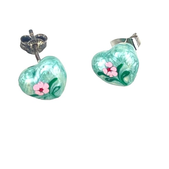 Handmade Italian Enamel Heart Earrings With Pink Flowers In Velvet Box - Picture 3 of 8